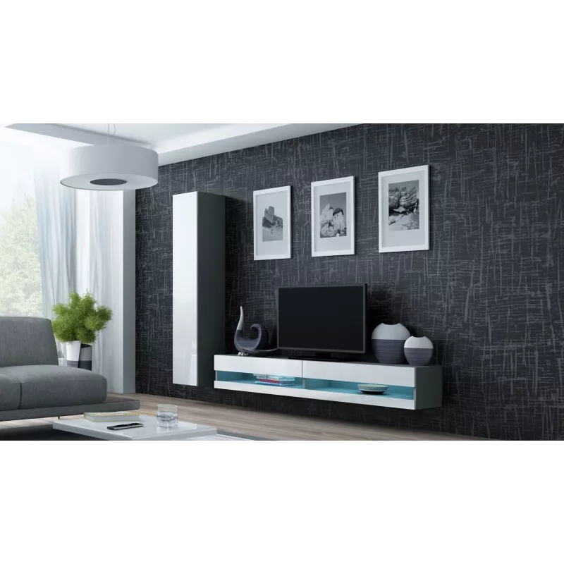 TV statīvs Cama Meble VIGO NEW 30/140/40 — 1400×400×300 mm, pelēka virsma, pelēks rāmis, balti spīdīgi priekšējie paneļi