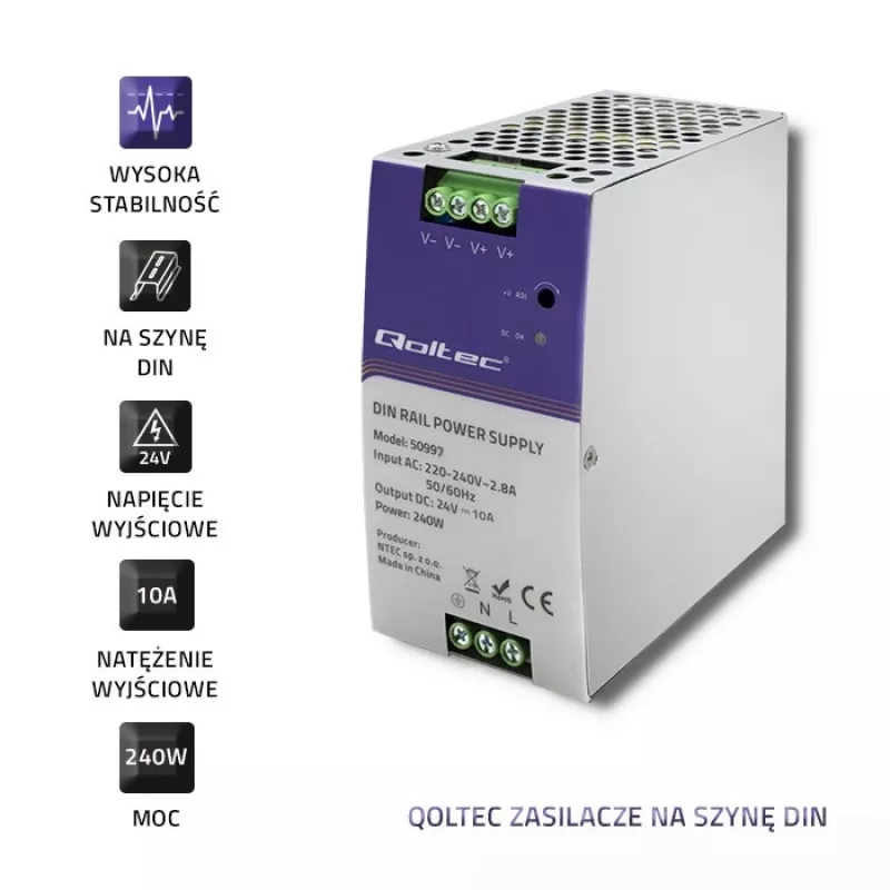 DIN sliedes barošanas bloks QOLTEC 50997 240W 24V 10A