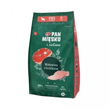 Sausā suņu barība Pan Miesko Liellopu gaļa ar trusi un garšaugiem Pieaugušiem M, Bezgraudu, 9 kg, 30% Olbaltumvielas, 20% Tauki
