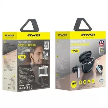 Awei T50 TWS Bluetooth 5.3 austiņas ar uzlādes futrāli / Melnas