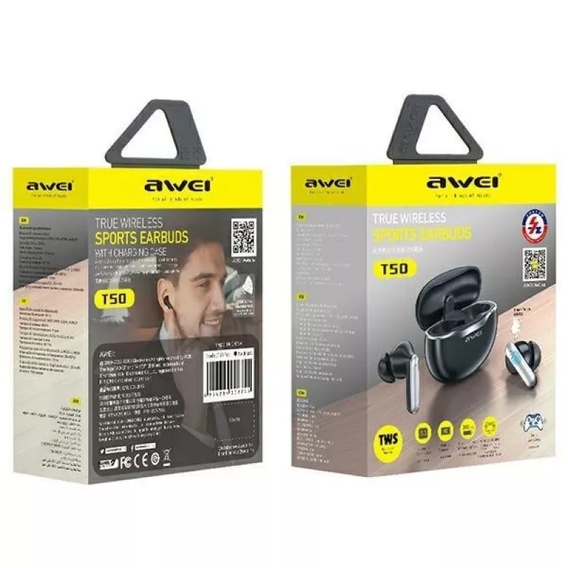 Awei T50 TWS Bluetooth 5.3 austiņas ar uzlādes futrāli / Melnas
