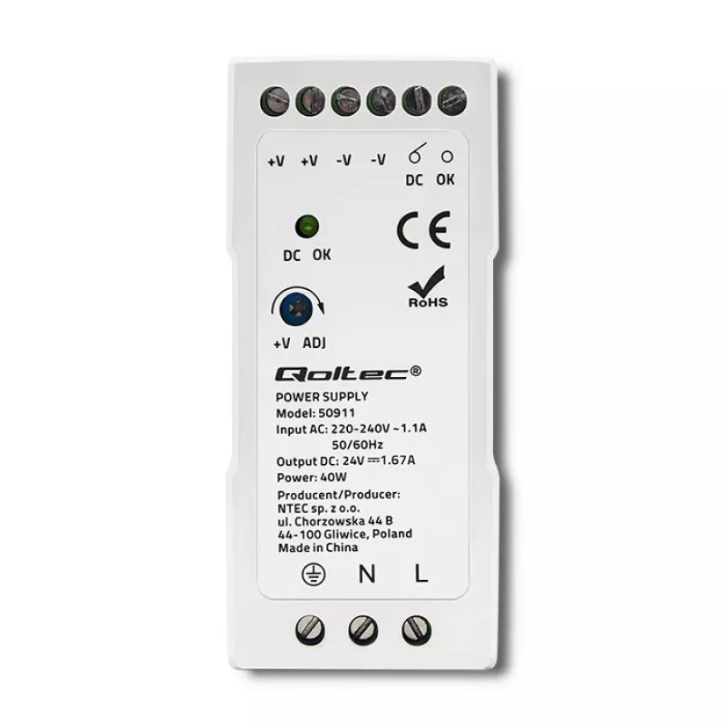 Qoltec Din Sliežu Barošanas Bloks | 40W | 24V | 1.67A | Balts | Plāns