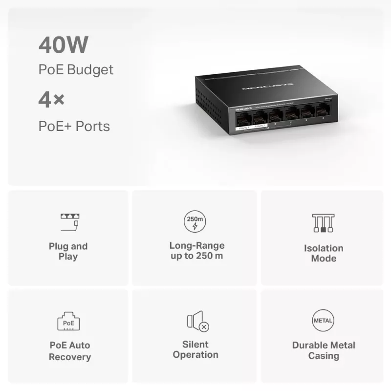 Mercusys 6-Portu 10/100Mbps Galda slēdzis ar 4 PoE+ portiem