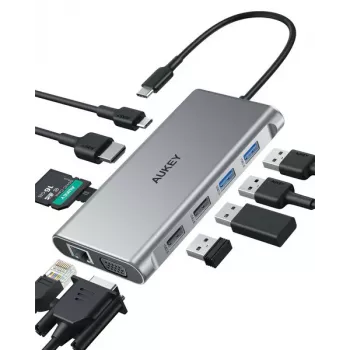 USB-C centrmezgls Aukey CB-C89 10-in-1 ar RJ45 1000Mbps, HDMI 4K, vairākiem portiem
