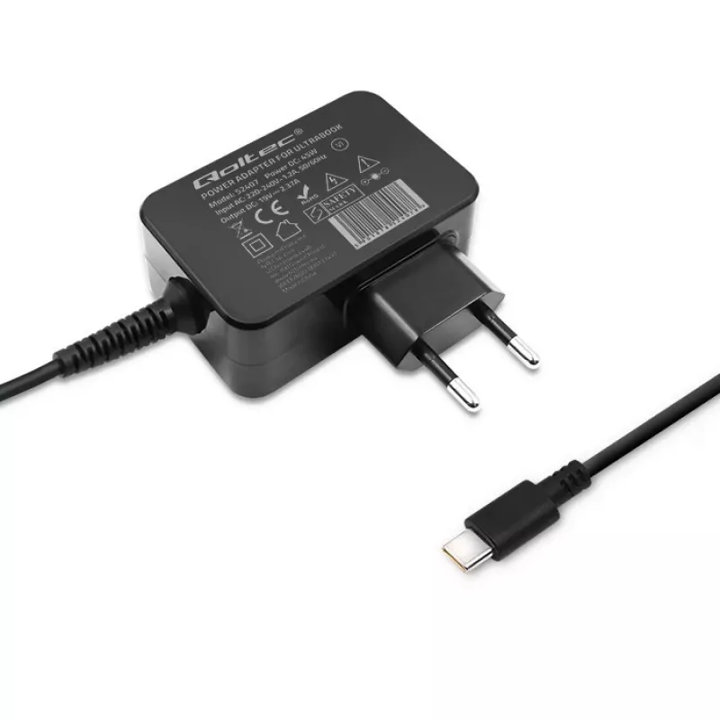 Mobilās ierīces lādētājs QOLTEC 51024 — Universāls AC iekštelpu lādētājs, 65W PD, 20V/3.25A, 1.2m kabelis, Melns