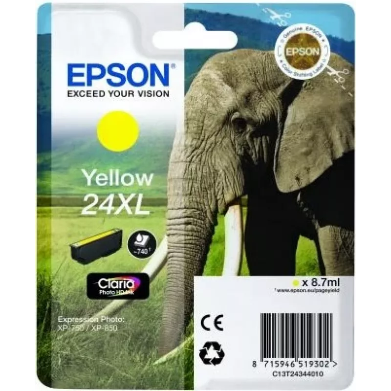 Epson Elephant 24XL Claria Photo HD dzeltenā tintes kasetne, pigmenta tinte, 1 gab.