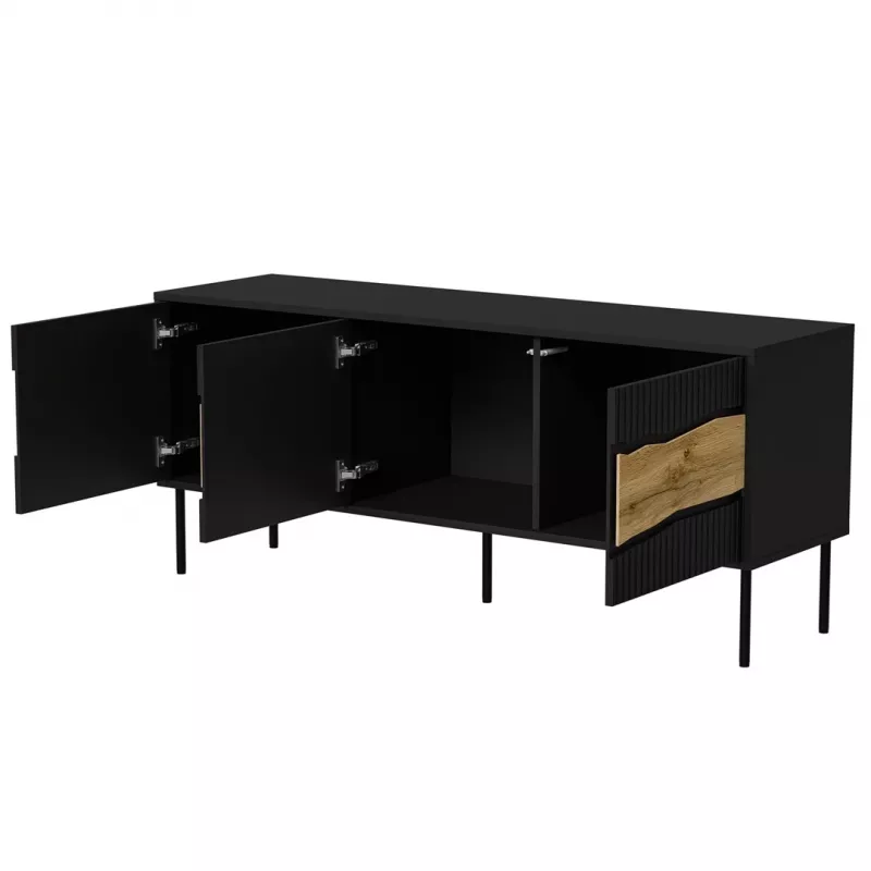 TV skapis INSERTO 3D 143.5x40x61.5 cm melns ar LED, skaidu plātnes virsma