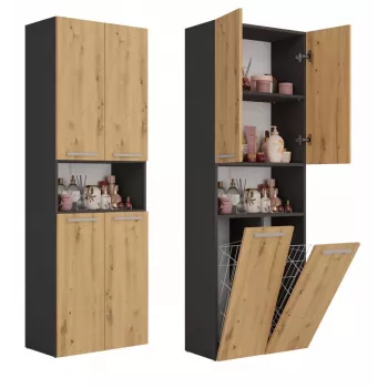 Vannas istabas skapis Top e Shop NEL 2K DK ANT/ART KP — Grafīts/Ozols, brīvi stāvošs, 600×300×1740 mm, 3 plaukti