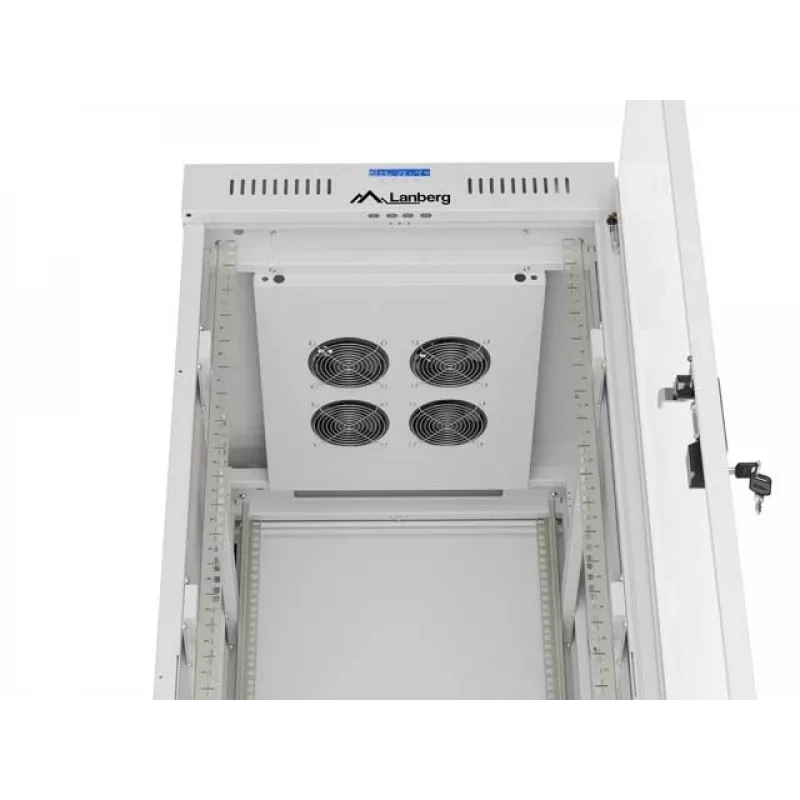 19 collu 32U LANBERG stāvošs skapis 600×800 mm pelēks ar stikla durvīm un LCD (Flat Pack)