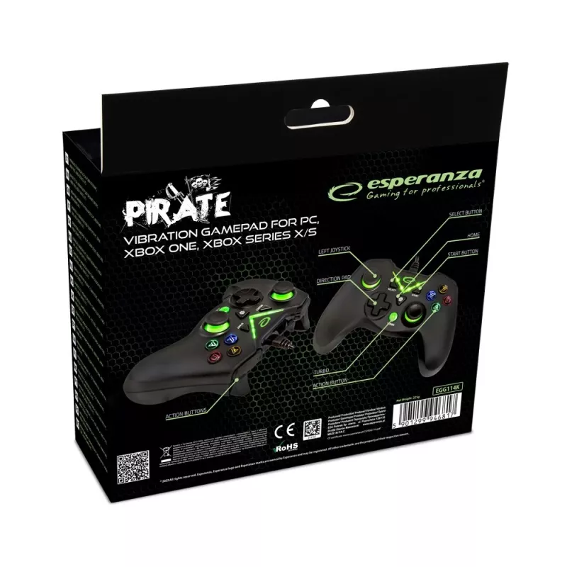 Esperanza EGG114K Pirate spēļu pults, USB 2.0, analogā/digitālā, PC, Xbox One, Xbox Series X/S, melna