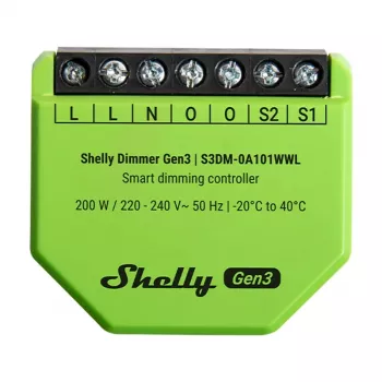 Iebūvējamais dimmeris Shelly Dimmer Gen3 — LED max 150W, Halogēns max 200W, 220–240V, bezvadu, melns/laims