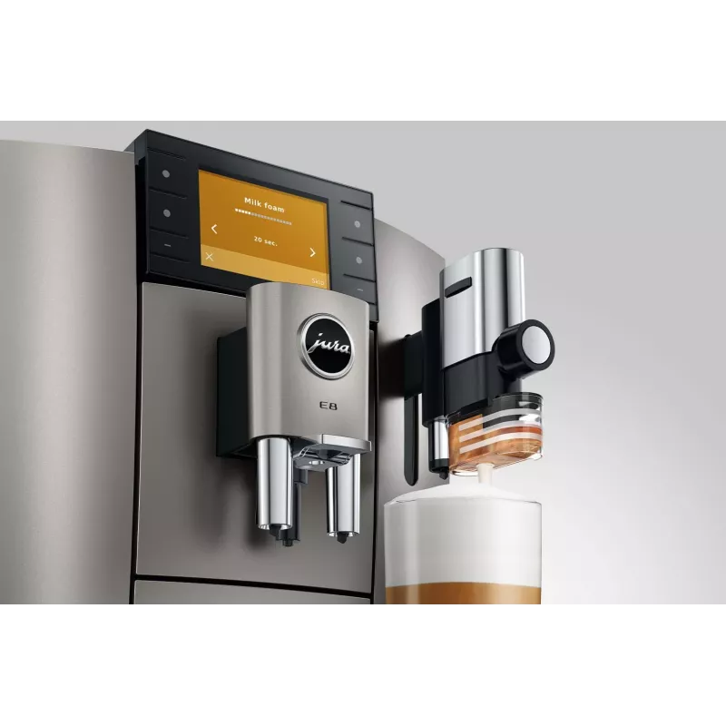Kafijas automāts JURA E8 Pilnībā automātisks 1,9 L Sudrabs — 15 bāri, 3,5 collu displejs, dzirnaviņas, piena putotājs