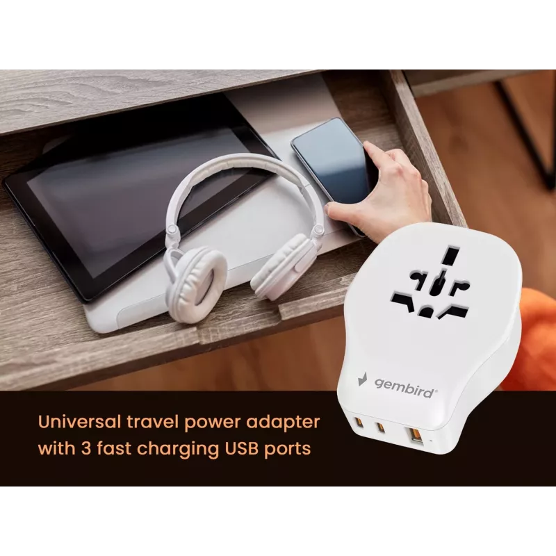Ceļojumu sienas lādētājs GEMBIRD TPA-1A2C20-02-W 20W — 1×USB-A + 2×USB-C, G tipa kontaktdakša, 100–250V, balts