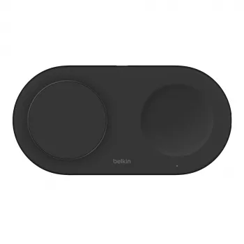 Belkin WIZ021VFBK - 2-in-1 bezvadu uzlādes paliktnis ar Qi2 tehnoloģiju 15 W, melns