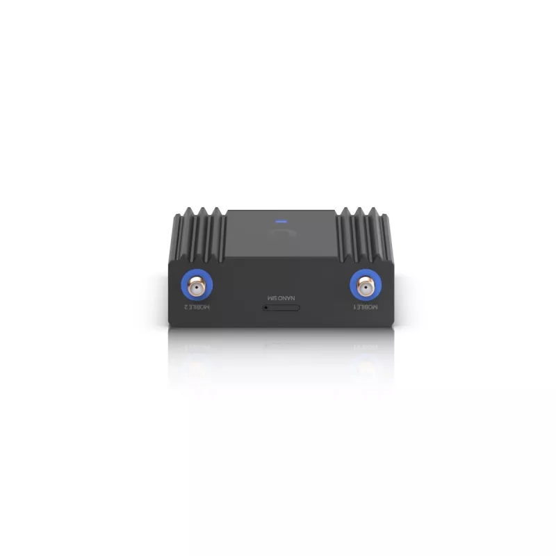 Mobilo tīklu maršrutētājs Ubiquiti UMR-Ultra — 4G LTE, NanoSIM, 2,4 GHz Wi‑Fi, 2x RJ‑45, 3 ārējās SMA antenas, 5–30 V DC