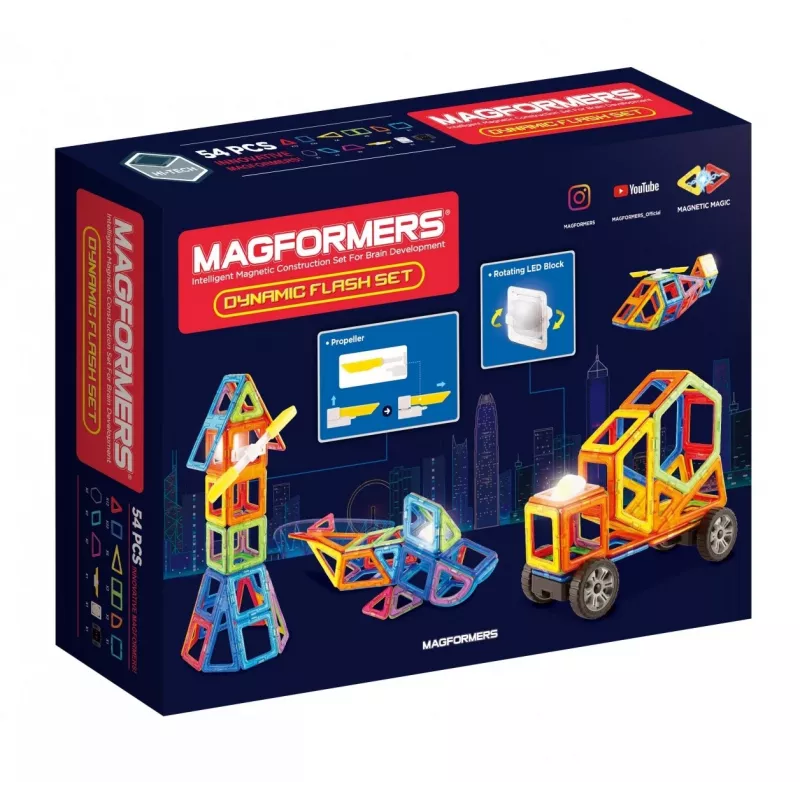 MAGFORMERS Dynamic Flash 54 gab. — magnētiskās būvēšanas flīzes, kvadrāti un trijstūri