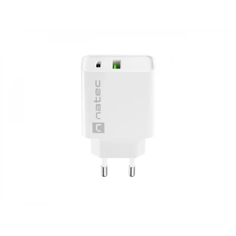 Sienas lādētājs NATEC RIBERA 12V 20W USB-C PD 3.0 + USB-A Samsung AFC Balts