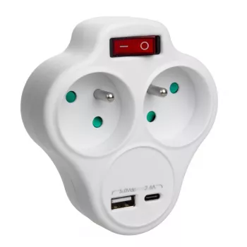 MACLEAN MCE336E Elektriskais dubultkontaktligzdas sadalītājs ar 2 USB portiem, E tips