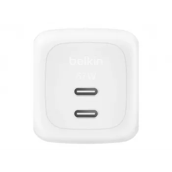 Belkin WCH020KQ2MWH-B6 iekštelpu ātrais lādētājs — 2x USB‑C, 2 m iebūvēts kabelis, balts