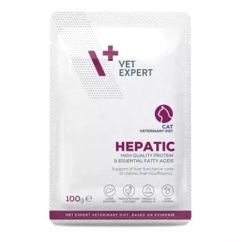 Slapjā barība kaķiem VETEXPERT Hepatic Chicken 100 g — veterinārā diēta aknu atbalstam