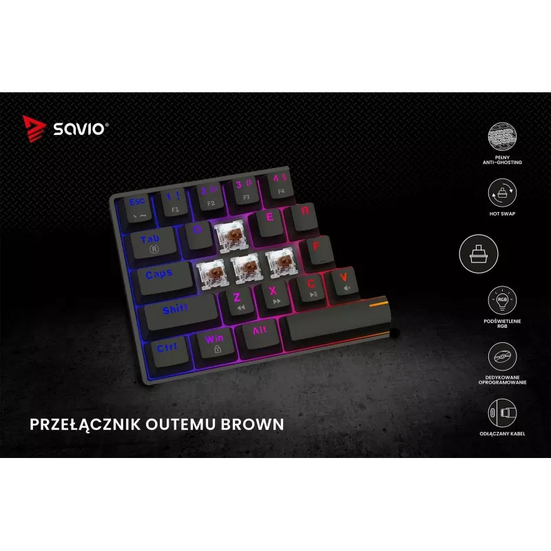 Mehāniskā spēļu tastatūra SAVIO BLACKOUT X2 BRŪNA 61 taustiņš 60% USB QWERTY RGB Outemu Brown