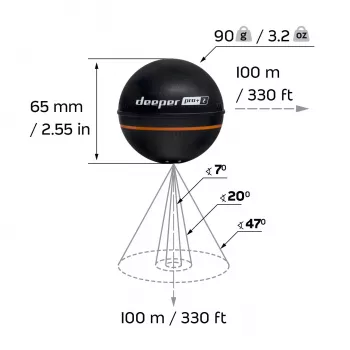 Pārnēsājams zivju meklētājs Deeper Smart Sonar PRO+ 2 ar 675 kHz, 100 m diapazonu, 65×65×65 mm, Li‑Ion 950 mAh