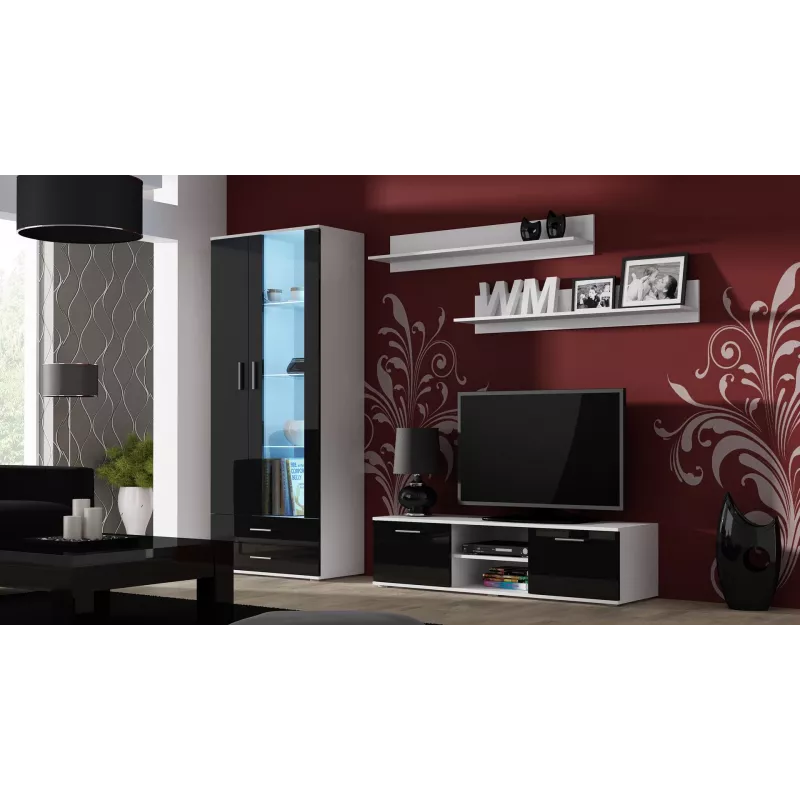 TV statīvs Cama Meble SOHO 140 — 1400×430×370 mm, balta virsma, melni spīdīgi fronti