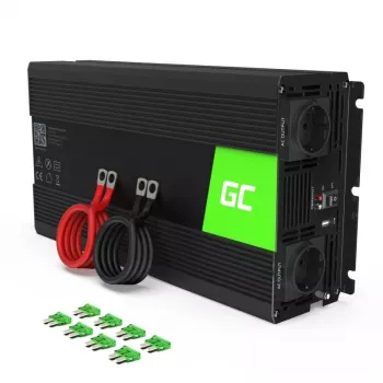 Invertors Green Cell INV25, 1500 W, 12 V līdzstrāva uz 230 V maiņstrāvu, 50 Hz, 1× USB, melns