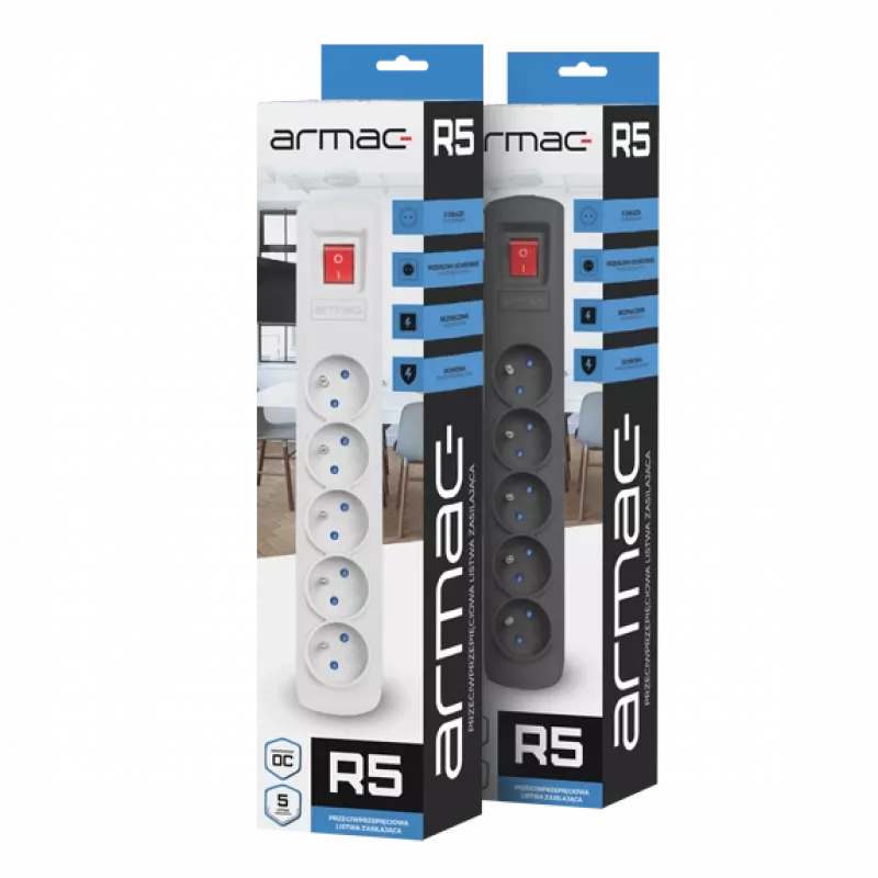 Pagarinātājs ARMAC R5 — 5 kontaktligzdas, 5 m kabelis, melns
