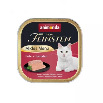 Slapjā kaķu barība animonda Vom Feinsten Tītars + Tomāti Mild Menu 100 g paplāte — pieaugušiem kaķiem, 11,2% olbaltumvielas, 5% tauki, 81% mitrums