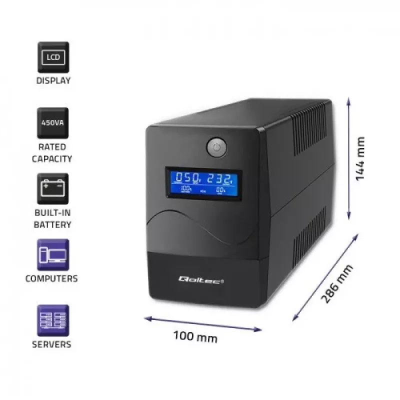 Qoltec Monolith nepārtrauktās barošanas avots (UPS) Double-conversion (Online) 1 kVA 600 W 2 SCHUKO kontaktligzdas