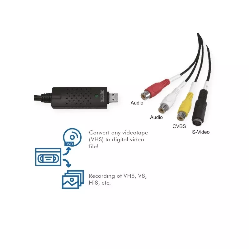 LogiLink USB 2.0 A/V grabber, USB A/M uz 3x RCA + MiniDIN5/F, melns