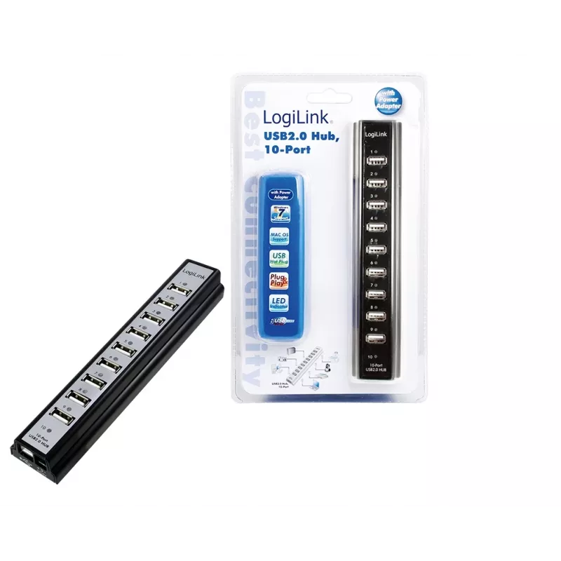LogiLink UA0096 USB 2.0 centrmezgls 10 porti 480 Mbit/s Melns
