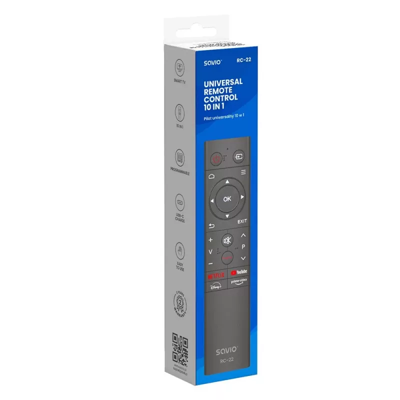 SAVIO TV tālvadības pults RC-22 — IR bezvadu universāla, 20 pogas, 10 m darbības rādiuss, USB‑C, melna