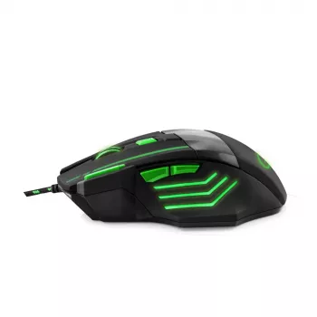 Vadu spēļu pele ESPERANZA EGM201G — labā roka, optiskā 2400 DPI, 7 pogas, USB Type-A, 1.5 m kabelis, melna/zaļa