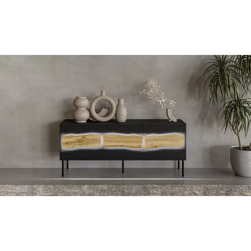 TV skapis INSERTO 3D 143.5x40x61.5 cm melns ar LED, skaidu plātnes virsma