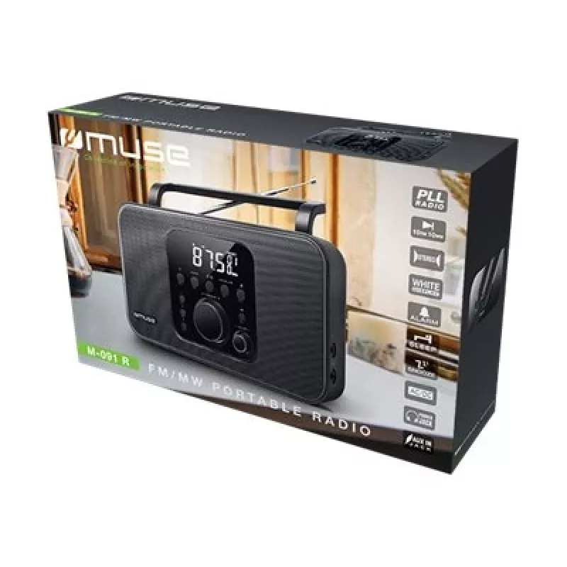Pārnēsājamais radio Muse M-091 R — FM/AM, LCD ekrāns, AC vai AA/D baterijas, rotējošs skaļums, 1.1 kg, melns
