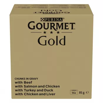 Slapjās barības kaķiem multipaka Purina Nestlé GOURMET Gold Gabaliņi mērcē — 96 x 85 g, 8,16 kg, 4 garšu maisījums