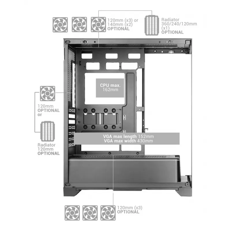 TACENS Mars Gaming MCPRISMA Midi Tornis PC korpuss, Melns, rūdīts stikls, atbalsta ATX/Micro-ATX/Mini-ITX, 2x3.5 collu + 2x2.5 collu sloti