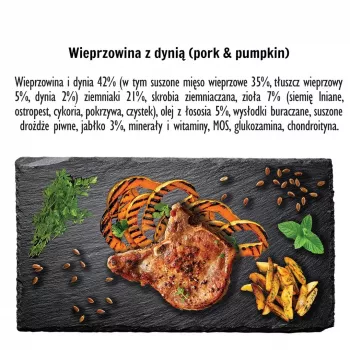 Sausā suņu barība PAKA ZWIERZAKA Cūkgaļa ar ķirbi L 9 kg — pieaugušiem lielo šķirņu suņiem, viena proteīna avots, 29% olbaltumvielu, 15% tauku