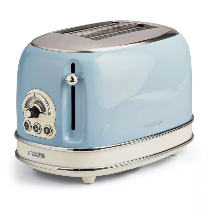 Ariete 155 Design 2 Slots Toaster ar Sviestmaižu Turētājiem, 6 Grauzdēšanas Līmeņi, 810 W, Nerūsējošā Tērauda Korpuss, Noņemama Drupaču Paplāte, Pasteļzils