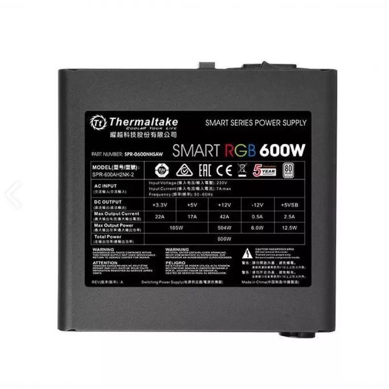 Thermaltake SMART RGB PS-SPR-0600NHSAWE-1 - Barošanas bloks (iekšējais) - ATX12V 2.3 - 80 PLUS - 600 W - aktīvais PFC - Melns