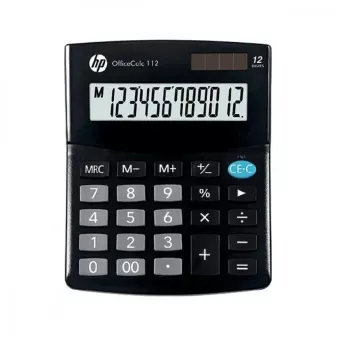 Galda kalkulators HP OC 112 — 12 ciparu LCD, baterija/saule, melns, 101×125×33 mm