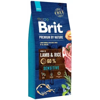 Sausā barība suņiem Brit Premium by Nature Sensitive Lamb — 15 kg, jēra gaļa un rīsi, 27% olbaltumvielas, 14% tauki, pieaugušiem suņiem ar jutīgu vēderu