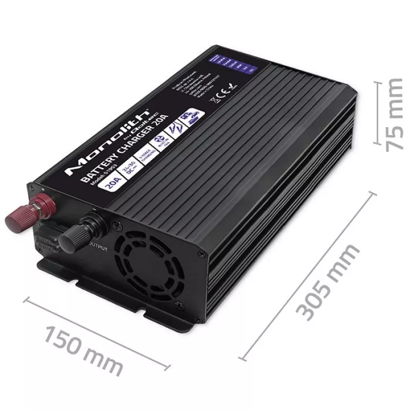 Qoltec Smart Monolith lādētājs LiFePO4 AGM GEL SLA akumulatoriem | 20A | 24V