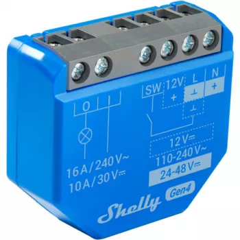 Viedais slēdzis Shelly 1 Gen4, bezvadu, 240 V AC, Bluetooth 5.0/Wi‑Fi/ZigBee, plastmasas korpuss, 42×16×37 mm, 2 iepakojumā