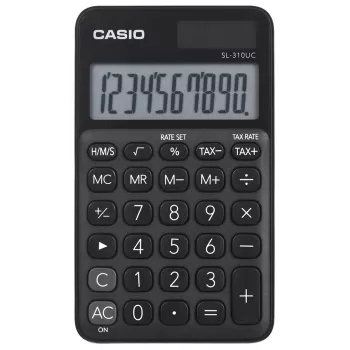 Kalkulators CASIO SL-310UC-BK — 10 cipari, baterija/saule, nodokļu un peļņas funkcijas, kabatas izmērs (70×118×8.4 mm), melns