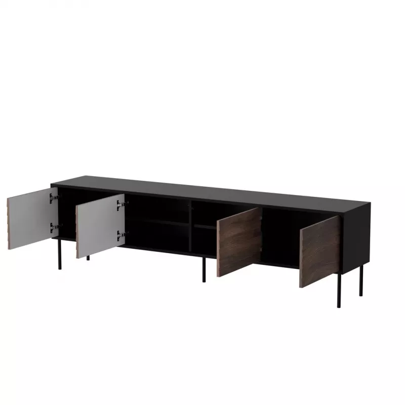 TV skapis CORTINA 4D 200x40x55 cm, melna virsma, valriekstu fasādes