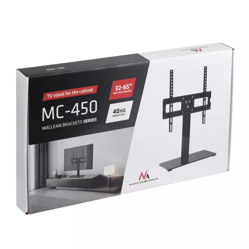 TV statīvs MACLEAN MC-450 32–65 collu televizoriem, max 40 kg, VESA līdz 400×400, galda virsmas