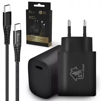 Smart Life USB Type-C uz Type-C komplekts, 200cm, Melns + 18W PD3.0 lādētājs Melns